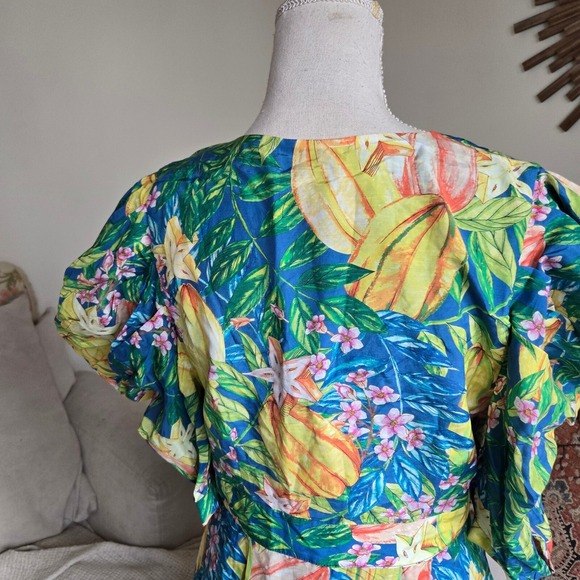 Anthropologie Farm Rio Sz Medium Star Fruits Puff‎ Sleeve Midi Dress Tropical - Picture 6 of 13